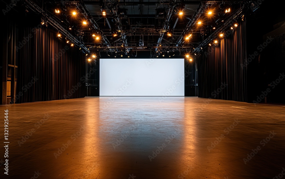 Aufkleber empty stage with bright lights and a large screen, ready for a performance or presentation.