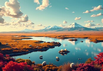 Lake and Grassland Landscape with Sheep and Mountains