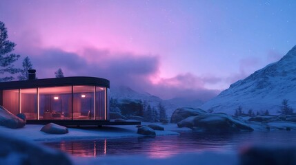 Modern glass cabin nestled in snowy mountains at twilight.  Warm interior light contrasts with cold exterior.