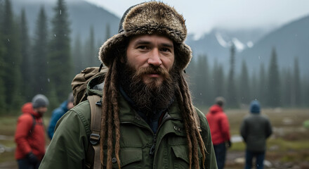 "A rugged man with long dreadlocked hair and a thick beard, wearing a fur-lined hat and a heavy green outdoor jacket, stands in a misty forested mountain landscape. He carries a backpack and has a ser