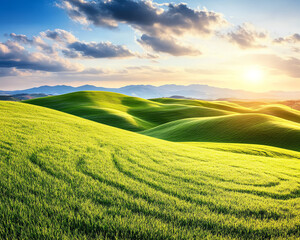 Fototapeta premium Vibrant hills under a radiant sunrise sky.