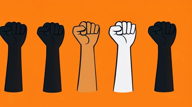 Unity and strength displayed through diverse raised fists on a vibrant orange background during a social justice celebration