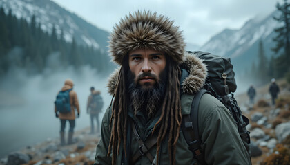 "A rugged man with long dreadlocked hair and a thick beard, wearing a fur-lined hat and a heavy green outdoor jacket, stands in a misty forested mountain landscape. He carries a backpack and has a ser