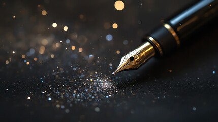 A close-up of a fountain pen's nib surrounded by sparkling particles, creating an elegant and artistic ambiance.
