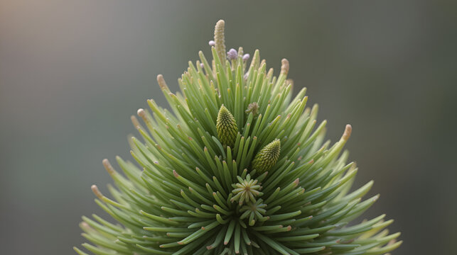 Tightly packed green needles and small cones on a devadaru plant stand out against a soft, blurred background.
