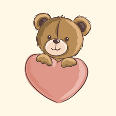 Cute teddy bear holding a pink heart, perfect for children design artwork. Vector illustration