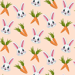 Rabbits and carrots in a pattern.Vector seamless pattern with rabbit faces and carrots on a colored background.