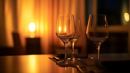 Wine glasses set for a romantic dinner.