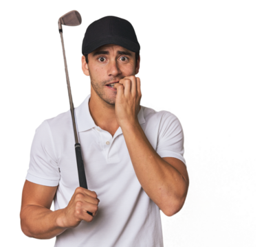 Young Hispanic man with golf club biting fingernails, nervous and very anxious.