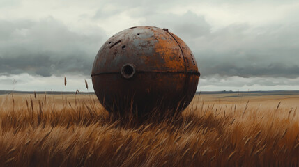 A rusty bomb in a field
