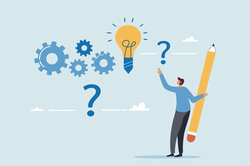 Creative thinking for solution or result, solving problem or question and answer, method or analysis for solution and success, resolution process concept, businessman solving problem with solution.