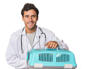 Young Hispanic man as vet with cage laughing and having fun.