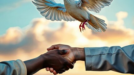 Peace dove soars behind two individuals shaking hands, embodying unity on Friendship Day