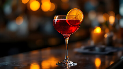 Elegant Red Cocktail with Orange Twist Garnish in a Dimly Lit Bar Ambience