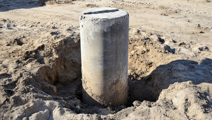 Naklejka premium An old gray cement post rises amid a sandy construction site, with dirt surrounding it. The post shows signs of weathering in an area likely undergoing development or repair