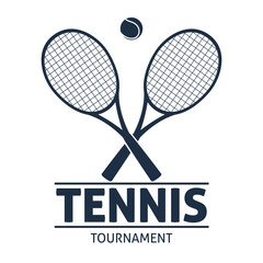 Silhouette of tennis rackets and ball. Logotype tournament. Championship badge, print design. Black label. Hobby active sport game. Professional graphic logo. Vector isolated concept