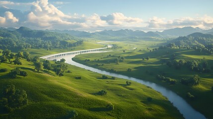 Fototapeta premium Expansive Green Landscape with River and Majestic Mountains