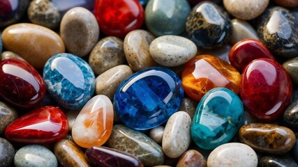 A mesmerizing collection of polished gemstones and smooth river pebbles in vibrant hues of blue, red, orange, and earthy tones