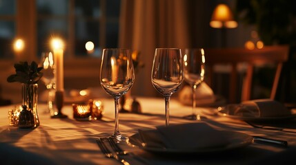 Romantic dinner table setting with candles glowing.