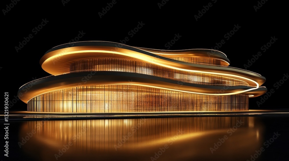 Poster illuminated modern building with a curvilinear design and reflective surface
