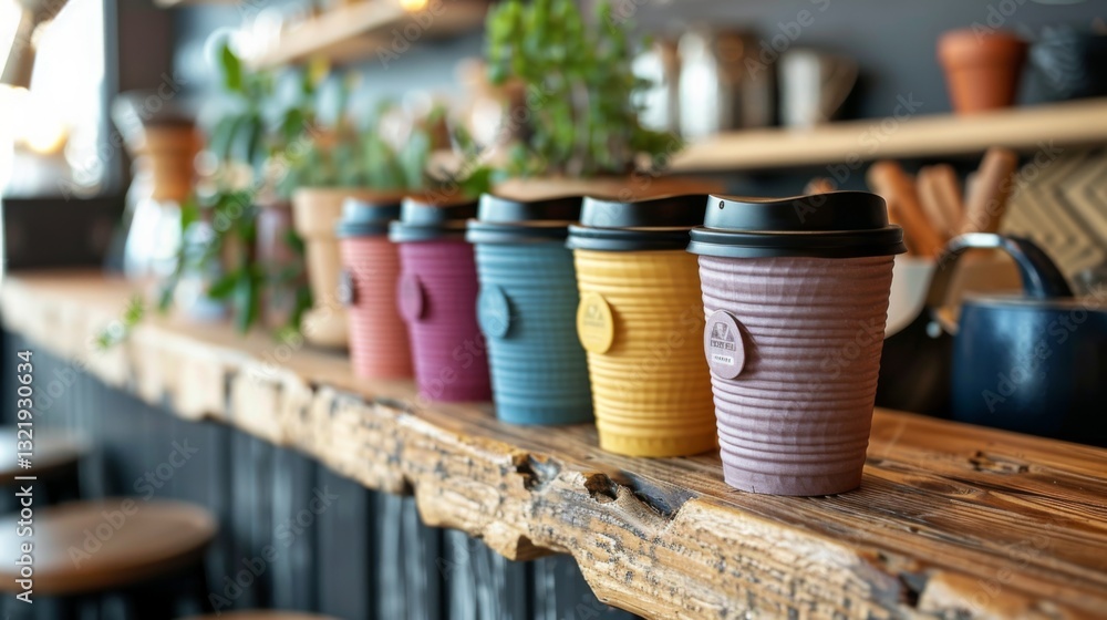Fototapete Five colorful reusable coffee cups sit on a rustic wooden counter, illuminated by soft afternoon light in a warm and inviting cafe atmosphere filled with greenery.