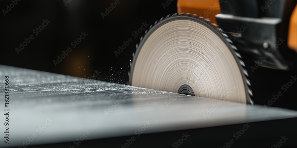 Poster precision cutting: the close-up shot of a circular saw blade in action, effortlessly slicing through