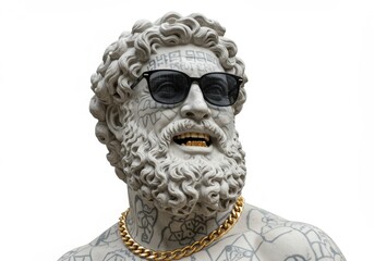 A photo of a marble statue of a man with tattoos on his face, a golden chain on his neck, and a golden tooth in his mouth.

