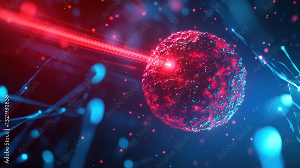 Poster a powerful red laser beam is directed towards a blue cell, creating a striking visual contrast in a 
