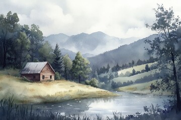 Fototapeta premium Mountain cabin riverside tranquility, misty hills background, nature scene, idyllic postcard
