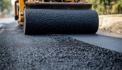 A road roller efficiently compacts fresh asphalt on a newly paved road. Construction workers oversee the process while ensuring a smooth surface for vehicles. This activity occurs during daylight