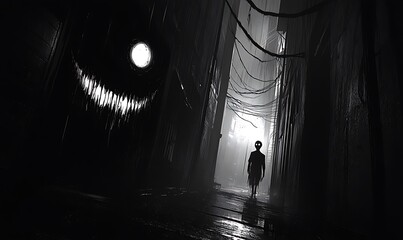 Obraz premium A silhouetted figure walks down a dark mysterious corridor