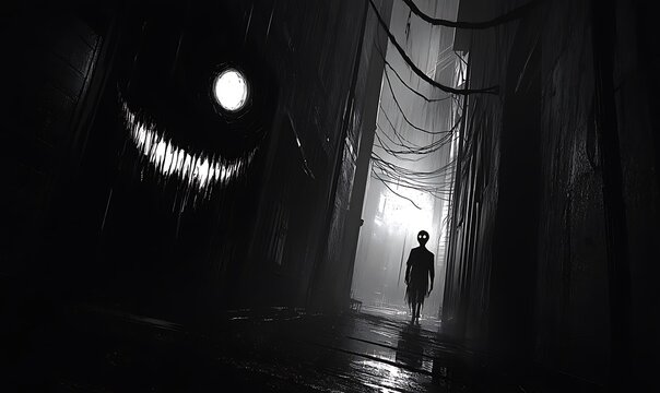 A silhouetted figure walks down a dark mysterious corridor