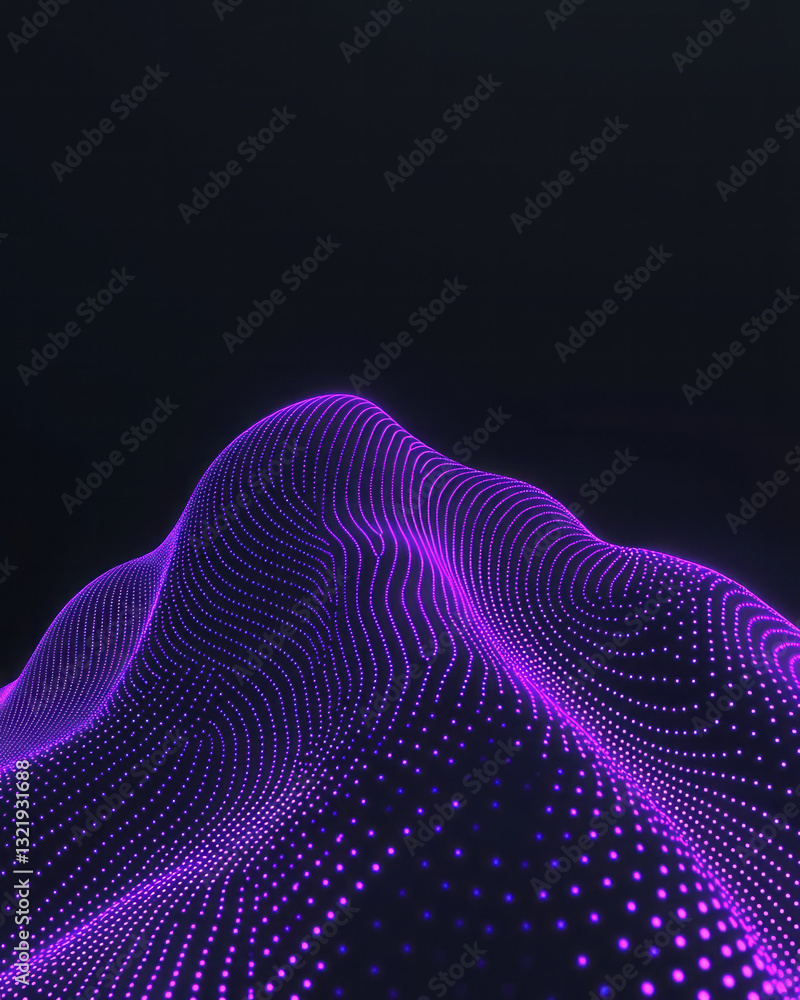 Poster a minimalist, futuristic design with glowing purple lines cascading fluidly in sleek waveforms,