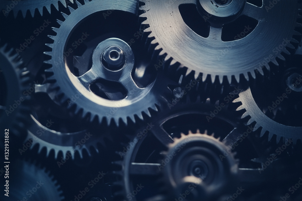 Poster interlocking gears: a close-up view of a complex system of interlocking gears, symbolizing the intri