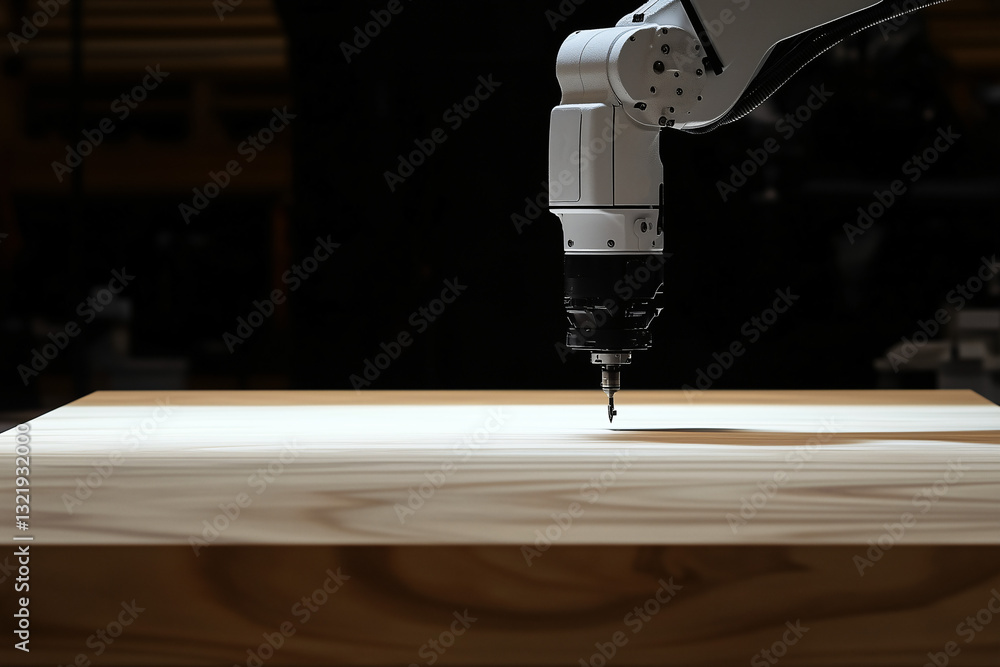 Poster automated precision: a close-up shot of a robotic arm executing a precise task on a wooden surface, 