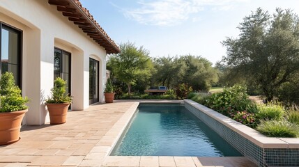 Fototapeta premium A large pool with a stone wall and a patio area. The pool is surrounded by potted plants and a bench. The house is white and has a red roof. Scene is peaceful and relaxing