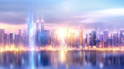 Cityscape's Golden Hour: A breathtaking view of a futuristic cityscape, its towering skyscrapers shimmering in the soft, radiant light of the setting sun.