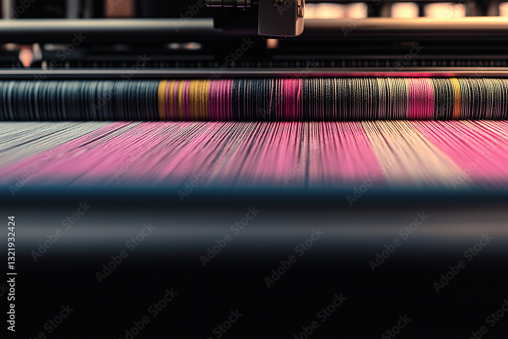 Poster automated textile production: an up-close view of a high-tech textile machine in operation, weaving 