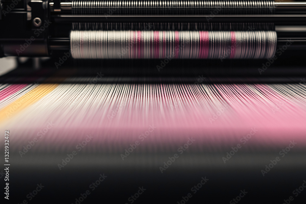 Poster precision in printing: a macro shot captures the intricate mechanics of a high-speed printing machin