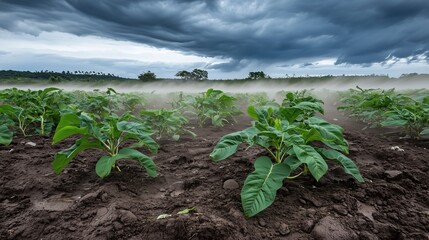 Lush green potato plants growing in fertile soil under dramatic stormy skies showcasing agricultural resilience and nature's beauty healthy farming concept