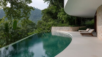 A pool with a stone wall and a white house in the background. The pool is surrounded by trees and has a stone wall