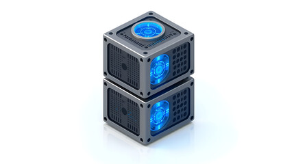 Obraz premium 3d icon of two stacked square shaped computer processers with blue lights, white background, isometric view, blender style
