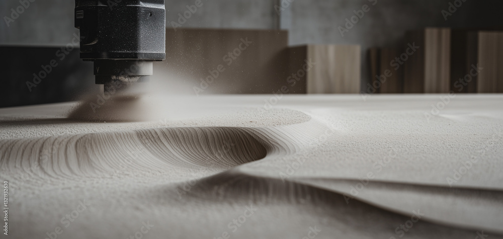 Poster woodworking precision: a close-up shot captures a cnc machine precisely carving intricate designs in