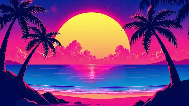 Bright tropical beach with palm trees silhouette at sunset background. Vivid retrowave and vaporwave wallpaper. Summer landscape. Vacation and travel concept, cartoon vector style