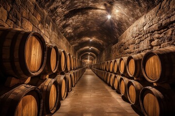 Rustic wine cellar with wooden barrels in stone vaulted basement