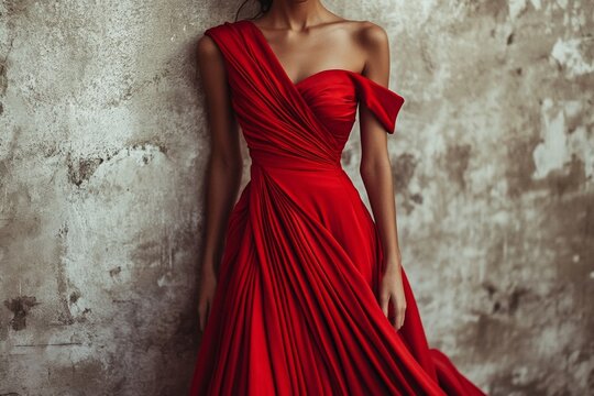 Elegant woman in red evening gown against textured wall