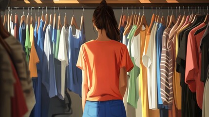 Obraz premium Woman facing clothing wardrobe choosing outfit.