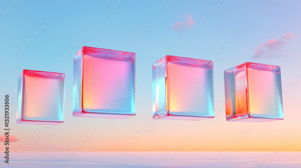 Poster a sleek digital artwork composed of translucent floating cubes in smooth gradient shades of red and