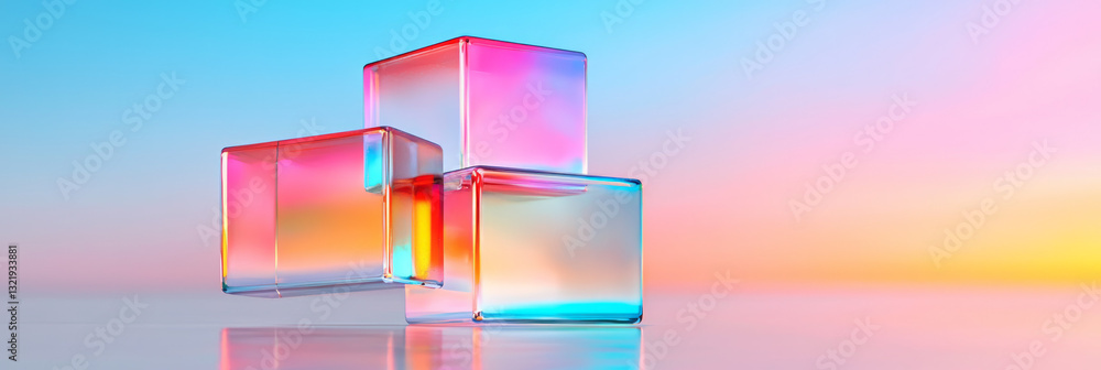 Poster a modern, artistic digital rendering capturing colorful, transparent cubes arranged dynamically in
