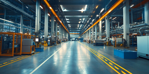 Modern industrial factory with clean and empty production floor, Smart factory design with automated equipment
